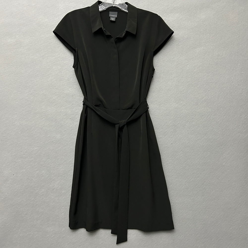 Covington Womens Small Shirt Dress Black Belted Cap Sleeve Knee Length SEAS U6